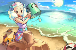 Rule 34 | 1girl, beach, borrowed character, bucket, clam, crab, hairband, happy, junkpuyo, kamina shades, md5 mismatch, ocean, original, red eyes, sand castle, sand sculpture, shelby (woof), skirt, sleeveless, solo, white hair
