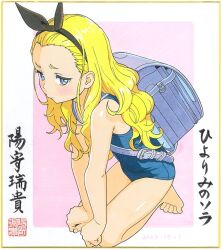 Rule 34 | 1girl, backpack, bag, bangs pinned back, barefoot, black hairband, blonde hair, blue bag, blue eyes, blue one-piece swimsuit, blush, bow hairband, commentary request, forehead, full body, hairband, hiyori mizuki, kneeling, kurumi (lycoris recoil), long hair, looking at viewer, lycoris recoil, marker (medium), one-piece swimsuit, randoseru, school swimsuit, shikishi, solo, swimsuit, traditional media