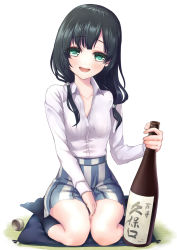 Rule 34 | 10s, 1girl, black hair, blush, bottle, dress shirt, green eyes, long hair, looking at viewer, low twintails, open mouth, patori, sake bottle, shirobako, shirt, sitting, sitting on pillow, skirt, smile, solo, striped clothes, striped skirt, twintails, vertical-striped clothes, vertical-striped skirt, wariza, yasuhara ema