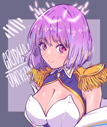 Rule 34 | 1girl, breasts, cleavage, commentary, english text, epaulettes, gridman universe, gridman universe (film), hhh-hudiki, highres, large breasts, light purple hair, looking at viewer, purple eyes, purple hair, shinjou akane, short hair, sleeveless, smile, solo, spoilers, ssss.gridman, title, upper body