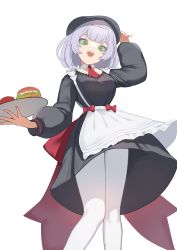 Rule 34 | 1girl, apron, arm up, blunt bangs, bow, braid, burger, dress, employee uniform, fast food uniform, flasso, food, genshin impact, green eyes, grey hair, hat, highres, kfc, long sleeves, looking at viewer, noelle (genshin impact), noelle (kfc) (genshin impact), open mouth, pantyhose, plate, red bow, short hair, simple background, smile, solo, teeth, uniform, upper teeth only, white background, white pantyhose