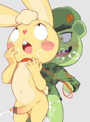 Rule 34 | 2boys, beret, blonde hair, blush, blush stickers, collar, cuddles (happy tree friends), cum, ejaculating while penetrated, ejaculation, erection, flippy (happy tree friends), furry, furry male, green hair, happy tree friends, hat, heavy breathing, highres, leash, military, military uniform, multiple boys, nude, open mouth, penis, rabbit, sex, sharp teeth, strangling, teeth, uniform, usamimi (umisag85rabb99), yaoi