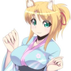 Rule 34 | 10s, 1girl, animal ears, blonde hair, breasts, dog days, female focus, fox ears, green eyes, japanese clothes, katuhata, large breasts, ponytail, simple background, smile, solo, white background, yukikaze panettone