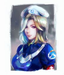 Rule 34 | 1girl, alternate hairstyle, armband, bad id, bad pixiv id, beret, blonde hair, blue bodysuit, blue eyes, bodysuit, border, breasts, combat medic ziegler, grey background, hair over one eye, hat, highres, light smile, lips, long sleeves, looking at viewer, mechanical wings, medium breasts, mercy (overwatch), nose, nvalkyrja, official alternate costume, overwatch, overwatch 1, pink lips, portrait, short hair, solo, white border, white hat, wings