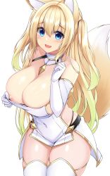 Rule 34 | 1girl, animal ears, areola slip, blonde hair, blue eyes, breasts, cleavage, covered navel, cowboy shot, dress, elbow gloves, fox ears, fox girl, fox tail, gloves, highres, large breasts, looking at viewer, microdress, nervous smile, original, smile, sogaya, solo, strapless, strapless dress, tail, thighhighs, two side up, white dress, white gloves, white thighhighs