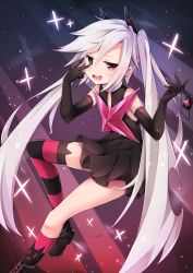 Rule 34 | 1girl, arms up, bare shoulders, black dress, black gloves, boots, chinese commentary, detached sleeves, djmax, djmax respect, dress, elbow gloves, eyepatch, fail (djmax), failure, fang, flat chest, floating, frilled dress, frills, full body, girls&#039; frontline, gloves, grey hair, hair ornament, heterochromia, highres, holding eyepatch, long hair, night, night sky, open mouth, red eyes, single thighhigh, sky, solo, star (sky), star (symbol), starry sky, strapless, strapless dress, striped clothes, striped thighhighs, thighhighs, twintails, umou (may65879), v, very long hair, white hair