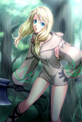 Rule 34 | 1girl, axe, bad id, bad pixiv id, blonde hair, blue eyes, female focus, final fantasy, final fantasy tactics, forest, geomancer (fft), gloves, killingrock, nature, outdoors, skirt, solo, twintails, weapon