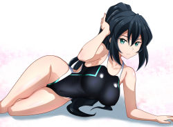 Rule 34 | 1girl, arm up, black hair, black one-piece swimsuit, breasts, closed mouth, collarbone, competition swimsuit, covered navel, green eyes, gundam, gundam build divers, gundam build divers re:rise, hair between eyes, highleg, highleg swimsuit, kenken, large breasts, long hair, looking at viewer, may (gundam build divers re:rise), one-piece swimsuit, ponytail, simple background, solo, swimsuit, very long hair