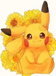 Rule 34 | :3, animal focus, bad id, bad pixiv id, banchiku, blush stickers, brown eyes, closed mouth, creatures (company), flower, full body, game freak, gen 1 pokemon, hair flower, hair ornament, happy, jpeg artifacts, nintendo, no humans, outline, pikachu, pokemon, pokemon (creature), sitting, smile, solo, straight-on, sunflower, white background, yellow flower, yellow theme