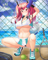 Rule 34 | 1girl, absurdres, aqua footwear, arm up, armpits, azur lane, bag, ball, bare legs, black hair, blue sky, blush, bottle, breasts, bremerton (azur lane), bremerton (scorching-hot training) (azur lane), chain-link fence, closed mouth, cloud, collarbone, crop top, crop top overhang, day, duffel bag, fence, hair ornament, hairclip, heart, heart necklace, highres, holding, holding bottle, horizon, jewelry, kotomaru (sirouko9511), long hair, looking at viewer, miniskirt, mole, mole on breast, multicolored hair, navel, necklace, ocean, outdoors, panties, pantyshot, racket, red eyes, red hair, shoes, skirt, sky, sleeveless, smile, sneakers, solo, spread legs, squatting, stomach, streaked hair, striped clothes, striped skirt, sweat, tennis ball, tennis racket, twintails, two-tone skirt, underwear, upskirt, vertical-striped clothes, vertical-striped skirt, water, x hair ornament