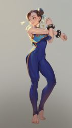 Rule 34 | 1girl, absurdres, alternate costume, bare shoulders, blue bodysuit, bodysuit, bow, bracelet, breasts, brown eyes, brown hair, capcom, chun-li, commentary, covered navel, double bun, earrings, f.k (hs225kr), full body, gold trim, grey background, hair bow, hair bun, highres, jewelry, lips, looking away, medium breasts, parted lips, simple background, skin tight, sleeveless, smile, solo, spiked bracelet, spikes, standing, street fighter, street fighter zero (series), stretching, toes