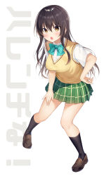 Rule 34 | 1girl, black socks, blue bow, bow, breasts, brown eyes, brown footwear, brown hair, collared shirt, commentary request, dress shirt, full body, green skirt, gyozanuko, hair between eyes, hand on own hip, highres, kotegawa yui, loafers, long hair, looking at viewer, medium breasts, open mouth, pleated skirt, school uniform, shirt, shoes, short sleeves, simple background, skirt, socks, solo, sweater vest, to love-ru, translation request, very long hair, white background, white shirt