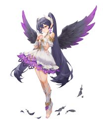 Rule 34 | 1girl, absurdres, artist request, bare legs, bare shoulders, black feathers, black hair, black wings, breasts, closed mouth, dress, earrings, feathered wings, feathers, full body, hair between eyes, hands up, highres, jewelry, leila (summoners war: chronicles), long hair, looking to the side, medium breasts, multicolored wings, official art, own hands clasped, own hands together, pointy ears, purple eyes, purple nails, purple wings, second-party source, short dress, simple background, solo, standing, star (symbol), star earrings, summoners war: chronicles, tachi-e, toeless legwear, transparent background, twintails, very long hair, white dress, wings