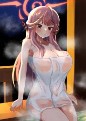 Rule 34 | 1girl, aru (blue archive), bare shoulders, bench, blue archive, blunt bangs, blurry, breasts, c:, cleavage, collarbone, commentary request, demon girl, demon horns, depth of field, halo, highres, horns, huge breasts, long hair, looking at viewer, mamiyahara hitoshige, naked towel, onsen, orange eyes, pink hair, sitting, sleeveless, smile, solo, steam, towel, wet towel