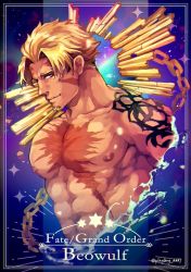 Rule 34 | 1boy, abs, bara, beard, beowulf (fate), blonde hair, blue eyes, chain, character name, copyright name, facial hair, fate/grand order, fate (series), large pectorals, looking at viewer, male focus, muscular, name tag, nipples, pectorals, red eyes, scar, simple background, smile, solo, tattoo, topless male, yamanome