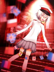 Rule 34 | evil smile, flags of all nations, grey skirt, looking at viewer, military uniform, miniskirt, my little dictator, non-web source, red eyes, self-upload, shirt, skirt, smile, string of flags, turning head, uniform, video game, white hair, white headwear, white shirt