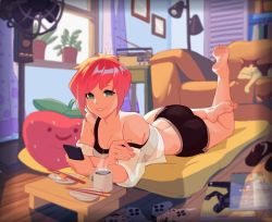 Rule 34 | 1girl, barefoot, black shorts, black sports bra, borrowed character, breasts, cat, cellphone, chopsticks, cleavage, coffee, coffee mug, commentary, commission, controller, cup, downblouse, english commentary, feet, feet up, food, full body, game controller, gamepad, green eyes, grin, highres, holding, legs up, living room, lusa (kx7), lying, medium breasts, midriff, mole, mole under mouth, mug, on stomach, orange hair, original, phone, pillow, playstation controller, see-through, short hair, short shorts, shorts, smartphone, smile, soles, solo, sports bra, squeezable (squeezabledraws), strap slip, strawberry-shaped pillow, sushi, the pose, toe scrunch, tray