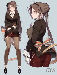 Rule 34 | 1girl, absurdres, alternate costume, black footwear, blush, bow, braid, breasts, brown hair, closed mouth, coat, collared shirt, commentary request, crossed arms, frills, full body, garin, girls&#039; frontline, gloves, green eyes, hair ornament, highres, lee-enfield (girls&#039; frontline), long hair, multiple views, pantyhose, red coat, red skirt, shirt, skirt, small breasts, smile, uniform, white gloves, white shirt