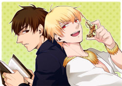 Rule 34 | 2boys, bad id, bad pixiv id, blonde hair, book, bracelet, brown eyes, brown hair, chess piece, cross, fate/zero, fate (series), gilgamesh (fate), jewelry, kotomine kirei, male focus, multiple boys, necklace, official alternate costume, open book, reading, red eyes, yuuto (sky cloister)