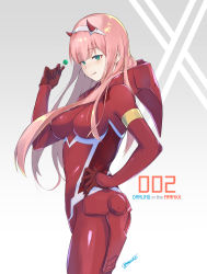 Rule 34 | 1girl, absurdres, bodysuit, breasts, candy, character name, copyright name, cowboy shot, darling in the franxx, food, gradient background, green eyes, grey background, hairband, hand on own hip, highres, horns, licking lips, lollipop, long hair, looking at viewer, medium breasts, pink hair, signature, simple background, skin tight, solo, tongue, tongue out, yossui, zero two (darling in the franxx)