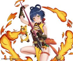 Rule 34 | 1girl, arm up, armpits, bell, black hair, blunt bangs, braid, braided hair rings, brown gloves, chili pepper, chinese clothes, commentary request, eyes visible through hair, fingerless gloves, fire, genshin impact, gloves, guoba (genshin impact), hair rings, head tilt, holding, holding polearm, holding spear, holding weapon, long hair, looking at viewer, polearm, red panda, sidelocks, simple background, smile, spear, sylphy (user nngk5244), thick eyebrows, weapon, white background, xiangling (genshin impact), yellow eyes