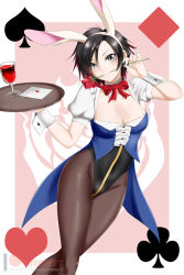 Rule 34 | 1girl, animal ears, black hair, black leotard, black pantyhose, breasts, cleavage, collarbone, detached collar, dutch angle, fake animal ears, flower, glass, gradient hair, grey eyes, hairband, highres, holding, holding plate, kimmy77, large breasts, leotard, letter, looking at viewer, love letter, mouth hold, multicolored hair, neck ribbon, panties, pantyhose, pantyshot, patreon logo, plate, playboy bunny, rabbit ears, red flower, red hair, red ribbon, red rose, ribbon, rose, ruby rose, rwby, shiny skin, short hair, short sleeves, shrug (clothing), solo, two-tone hair, underwear, watermark, white background, white hairband, wing collar, wrist cuffs