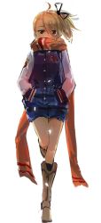 Rule 34 | ahoge, bare legs, black ribbon, blonde hair, blue jacket, blue shorts, boots, brown footwear, buttons, character request, commentary request, copyright request, denim, denim shorts, eyebrows, hair bun, hair ribbon, hands in pockets, jacket, knee boots, long scarf, medium hair, multicolored clothes, multicolored jacket, red eyes, red scarf, ribbon, saberiii, scarf, scarf over mouth, short shorts, shorts, simple background, solo, swept bangs, thighs, walking, white background, white sleeves