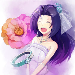 Rule 34 | 00s, 1girl, bare shoulders, breasts, closed eyes, collarbone, dress, elbow gloves, floral background, flower, gloves, hair ornament, idolmaster, idolmaster (classic), jewelry, long hair, miura azusa, necklace, open mouth, pos (shiratama-ya), purple hair, ring, sleeveless, sleeveless dress, smile, solo, strapless, strapless dress, upper body, v arms, wedding dress, white dress