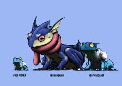 Rule 34 | absurdres, animal focus, blacknirrow, character name, closed mouth, creatures (company), english text, evolutionary line, froakie, frog, frogadier, full body, game freak, gen 6 pokemon, greninja, highres, horizontal pupils, long tongue, nintendo, no humans, pokedex number, pokemon, pokemon (creature), realistic, red eyes, shiny skin, simple background, sitting, sketch, tongue, tongue out, yellow eyes