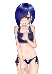 Rule 34 | 1girl, absurdres, abuwei shenshijun, asymmetrical hair, bare shoulders, black bra, black panties, blue hair, blush, bob cut, bra, breasts, cat cutout, cat ear bikini, cat ear panties, cleavage cutout, clothing cutout, commentary, cowboy shot, curled fingers, darling in the franxx, embarrassed, frilled bra, frills, green eyes, groin, hair ornament, hair over one eye, hairclip, hand on own chest, hand on own thigh, highres, ichigo (darling in the franxx), looking at viewer, navel, nervous, panties, parted lips, raised eyebrows, short hair, side-tie panties, simple background, single sidelock, small breasts, solo, standing, swept bangs, thigh gap, underwear, underwear only, white background