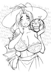 Rule 34 | 1girl, antenna hair, ara ara, blush, breasts, cleavage, cosplay, detached sleeves, dragon&#039;s crown, food, fruit, greyscale, hand on own face, hat, highres, huge breasts, long hair, love hina, matsu-sensei, monochrome, otohime mutsumi, skirt, solo, sorceress (dragon&#039;s crown), sorceress (dragon&#039;s crown) (cosplay), watermelon, witch hat