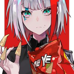 Rule 34 | 1girl, admiral graf spee (azur lane), admiral graf spee (girl&#039;s sunday) (azur lane), admiral graf spee (girl&#039;s sunday) (azur lane), azur lane, bag of chips, blue eyes, bugles, bugles (food), bugles on fingers, chips (food), eyebrows, fingernails, food, food on face, food on hand, head tilt, highres, holding, lam (ramdayo), looking at viewer, multicolored background, multicolored eyes, multicolored hair, nail polish, necktie, red background, red hair, red necktie, short hair, short hair with long locks, silver hair, solo, two-tone hair, upper body, white background