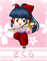 1girl blue_hair bow breasts brown_eyes character_name chibi fingerless_gloves gloves hair_ribbon highres japanese_clothes japanese_text leg_up long_hair looking_at_viewer medium_breasts open_mouth red_bow ribbon sakura_taisen sega shinguuji_sakura smile solo sword tongue translated weapon