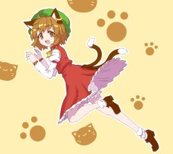 Rule 34 | 1girl, absurdres, animal ears, animal print, bloomers, blush, brown eyes, brown hair, cat ears, cat print, cat tail, chen, dress, earrings, fang, from side, full body, hat, highres, jewelry, leg up, long sleeves, looking at viewer, looking back, mary janes, mob cap, multiple tails, oninamako, open mouth, paw pose, paw print, red dress, shoes, short hair, smile, socks, solo, standing, tail, touhou, underwear, white socks
