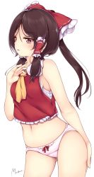 Rule 34 | 1girl, alternate hairstyle, armpit peek, armpits, ascot, bad id, bad twitter id, bare arms, bare shoulders, black hair, blush, bow, breasts, brown eyes, cowboy shot, gluteal fold, hair bow, hair tubes, hakurei reimu, highres, long hair, looking at viewer, maremay0513, navel, no pants, nontraditional miko, panties, parted lips, ponytail, red bow, red shirt, shirt, sideboob, sidelocks, sleeveless, sleeveless shirt, small breasts, solo, stomach, touhou, underwear, white panties