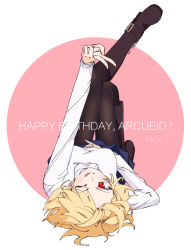 Rule 34 | 1girl, arcueid brunestud, blonde hair, blue skirt, highres, licking lips, looking at viewer, lying, one eye closed, red eyes, skirt, smile, tongue, tongue out, tsukihime, type-moon, vampire