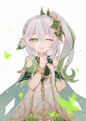Rule 34 | 1girl, armlet, bug, butterfly, cape, dress, eye symbol, eyebrows hidden by hair, finger to mouth, genshin impact, green eyes, green hair, hanayu aa, headpiece, highres, insect, nahida (genshin impact), pointy ears, smile, white dress, white hair