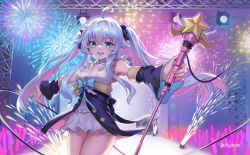 Rule 34 | 1girl, absurdres, ahoge, alternate costume, alternate hairstyle, blue eyes, breasts, commentary request, detached sleeves, fireworks, ginyasama, hair ornament, highres, huge filesize, indie virtual youtuber, kagura nana, long hair, looking at viewer, medium breasts, silver hair, solo, staff, stage, twintails, virtual youtuber