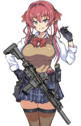 Rule 34 | 1girl, alternate costume, ar-15, assault rifle, breasts, commentary request, cowboy shot, dress shirt, gloves, gun, hair ribbon, heterochromia, highres, holding, holding gun, holding weapon, hololive, holstered, houshou marine, large breasts, long sleeves, looking at viewer, mordeth, neck ribbon, plaid, plaid skirt, pleated skirt, red eyes, red hair, ribbon, rifle, school uniform, shirt, skirt, solo, suppressor, sweater vest, thighhighs, tongue, tongue out, twintails, virtual youtuber, weapon, white background, white shirt, yellow eyes