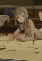Rule 34 | 1girl, commentary request, couch, fork, green eyes, holding, holding fork, indoors, light brown hair, looking at viewer, lying, muted color, on stomach, original, shion (mirudakemann), shirt, solo, spoon, tank top, white shirt