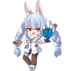 Rule 34 | 1girl, :d, ame., animal ear fluff, animal ears, black gloves, black leotard, blue hair, blush stickers, braid, brown pantyhose, chibi, detached sleeves, don-chan (usada pekora), dress, earth (planet), fang, fur-trimmed dress, fur-trimmed gloves, fur trim, gloves, hair between eyes, hand up, highres, hololive, leotard, leotard under clothes, multicolored hair, open mouth, pantyhose, pekomon (usada pekora), planet, puffy short sleeves, puffy sleeves, rabbit-shaped pupils, rabbit ears, red eyes, shoes, short eyebrows, short sleeves, simple background, smile, smug, solo, standing, symbol-shaped pupils, thick eyebrows, twin braids, twintails, two-tone hair, usada pekora, virtual youtuber, white background, white dress, white footwear, white hair, white sleeves