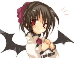 Rule 34 | 1girl, bat wings, blush, brown hair, demon, demon girl, espresso, hands on own chest, looking at viewer, pita ten, red eyes, shia, shia (pita ten), simple background, solo, tsukamichi fumi, upper body, white background, wings