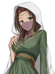 Rule 34 | 1girl, breasts, brown hair, brown headband, cape, choker, circlet, commentary request, dress, earrings, elfenlied22, fate/grand order, fate (series), green dress, green eyes, head tilt, headband, highres, hood, hooded cape, hoop earrings, jewelry, looking at viewer, medium breasts, medium hair, mouth veil, necklace, siduri (fate), single-shoulder dress, single bare shoulder, single sleeve, smile, solo, upper body, veil, white background, white cape, white hood