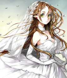 Rule 34 | 1girl, :o, breasts, brown hair, cleavage, douremi, dress, elbow gloves, elf, gloves, highres, long hair, looking at viewer, original, pointy ears, solo, veil, wedding dress, white gloves, wind, yellow eyes