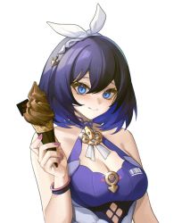 Rule 34 | 1girl, bare shoulders, blue eyes, blue hair, blush, bracelet, breasts, chinese commentary, cleavage, cleavage cutout, closed mouth, clothing cutout, commentary request, dark blue hair, hair between eyes, hair ornament, hairband, halterneck, highres, holding food, holding ice cream, honkai (series), honkai impact 3rd, ice cream, jewelry, looking at viewer, medium breasts, medium hair, nail polish, pink nails, seele vollerei, simple background, smile, solo, sparkle, tutou jiang, upper body, white background, white hairband