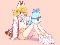 1girl, alternate costume, animal ears, bag, bag charm, beige sweater, black neckwear, blonde hair, bow, bowtie, casual, character doll, charm (object), collared shirt, commentary request, extra ears, eyebrows visible through hair, hair ornament, hairclip, hairpin, handbag, high-waist skirt, highres, kaban (kemono friends), kemono friends, long sleeves, lucky beast (kemono friends), mochodesu, pencil skirt, red bag, serval (kemono friends), serval ears, serval girl, serval tail, shirt, shoes, short hair, sitting, skirt, sneakers, socks, solo, tail, white footwear, white shirt, yellow eyes, yellow legwear, yellow skirt