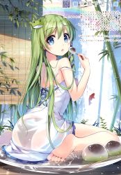 Rule 34 | 1girl, absurdres, alternate costume, ass, bamboo, bare arms, bare legs, bare shoulders, barefoot, blue eyes, blush, dress, feet out of frame, fish, food, frog hair ornament, from behind, green hair, hair between eyes, hair ornament, hand up, highres, holding, holding food, kochiya sanae, leaf, long hair, looking back, mochi, mochizuki shiina, plate, qr code, rainbow, scan, short dress, sitting, skewer, snake hair ornament, solo, strap slip, thighs, touhou, translation request, very long hair, wariza, white dress