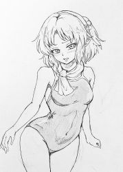 Rule 34 | 1girl, blush, breasts, commentary request, covered navel, cowboy shot, d-m (dii emu), greyscale, looking at viewer, mizuhashi parsee, monochrome, one-piece swimsuit, open mouth, pointy ears, small breasts, swimsuit, touhou, traditional media