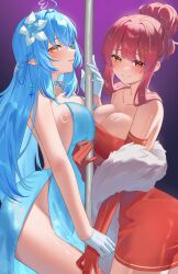 2girls ahoge alternate_costume bare_shoulders blue_dress blush breasts cleavage cocktail_glass cowboy_shot cup dress drinking_glass elbow_gloves flower gloves gradient_background grand_theft_auto hair_flower hair_ornament heart heart_ahoge heterochromia highres hololive hololive_grand_theft_auto houshou_marine large_breasts long_hair multicolored_hair multiple_girls pendora1022 pink_hair pole pole_dancing purple_background red_dress red_eyes red_gloves red_hair spaghetti_strap strapless strapless_dress stripper_pole two-tone_hair virtual_youtuber white_gloves yellow_eyes yukihana_lamy