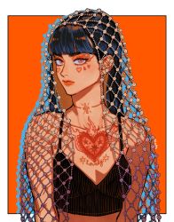 Rule 34 | 1girl, black hair, blunt bangs, english text, expressionless, facial mark, highres, long hair, looking at viewer, okada (hoooojicha), original, red background, red eyes, shadow, simple background, solo, tattoo, upper body